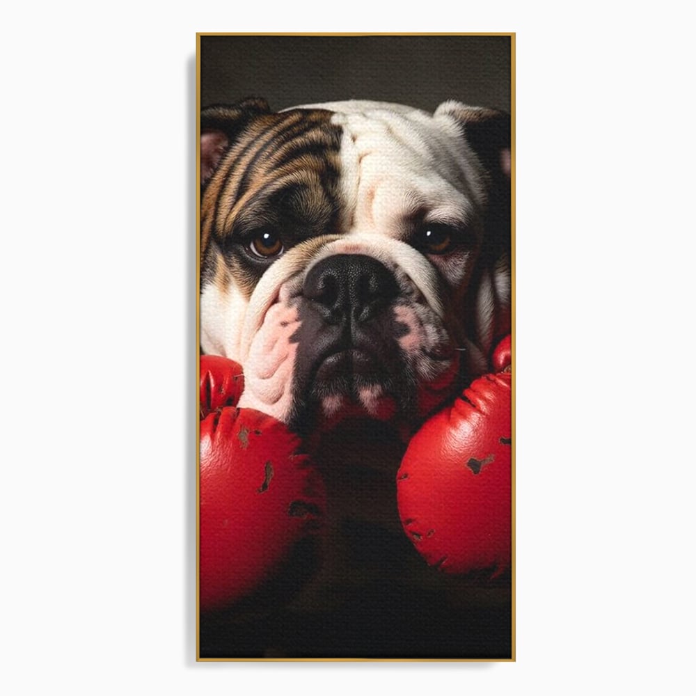 Tablou canvas cu tablou canvas cu bulldog in manusi de box, in rama de aluminiu auriu